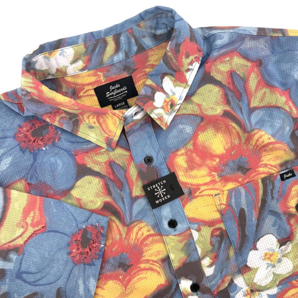 Jacks Surfboards Mens Wyden Sea Floral Perforated Stretch Shirt Blue Large NEW